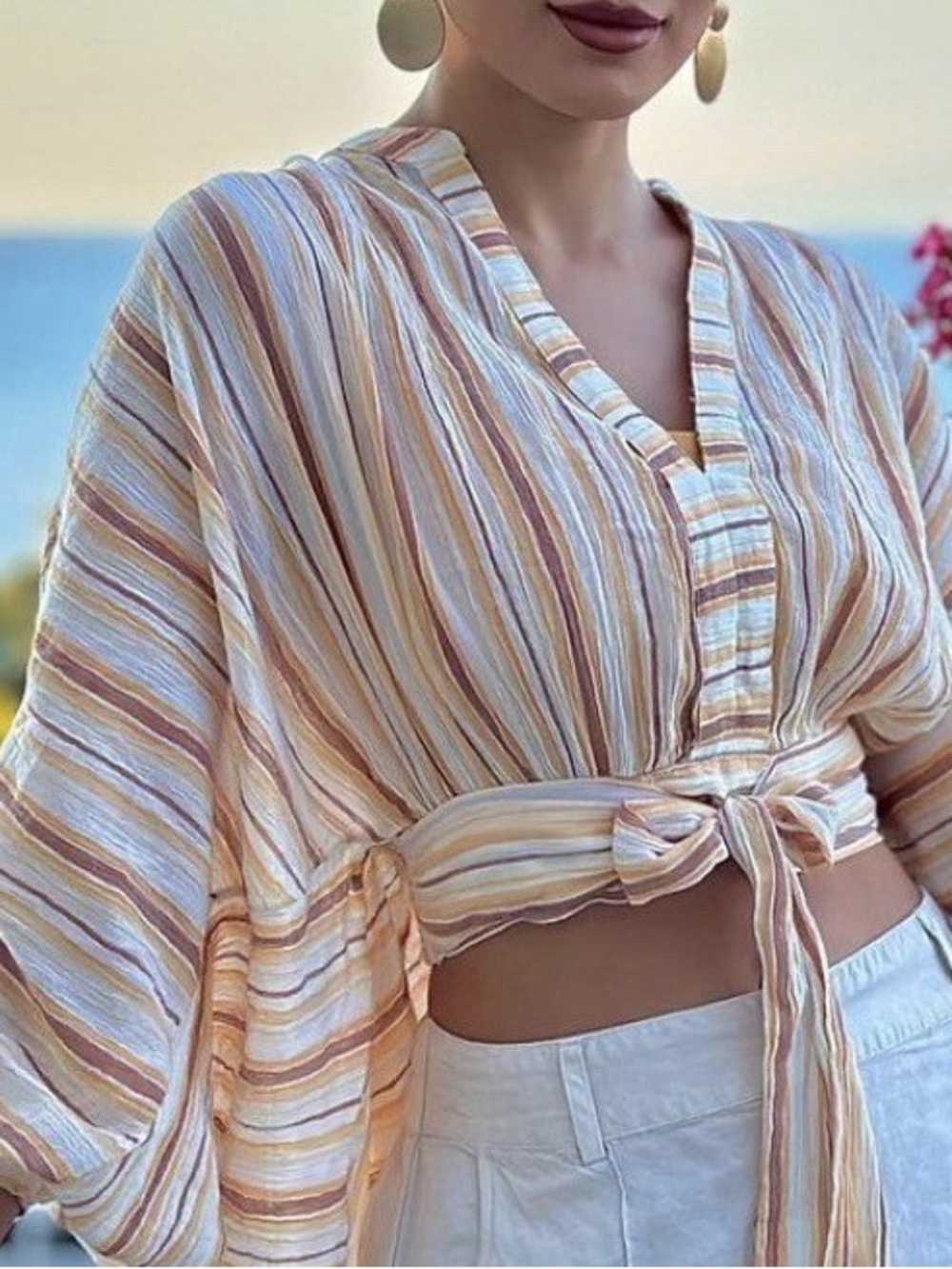 Anthropologie Dolman Sleeve Gauze Striped Tie Front Blouse